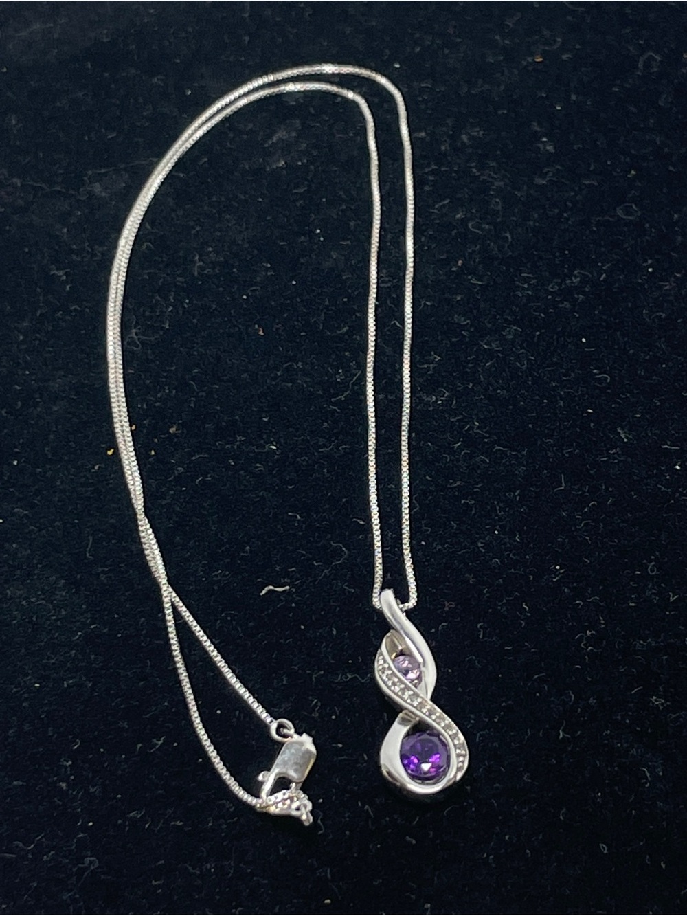 Sterling Silver Amethyst Cubic Zirconia Infinity Pendant Necklace Chain 17” 3.6g